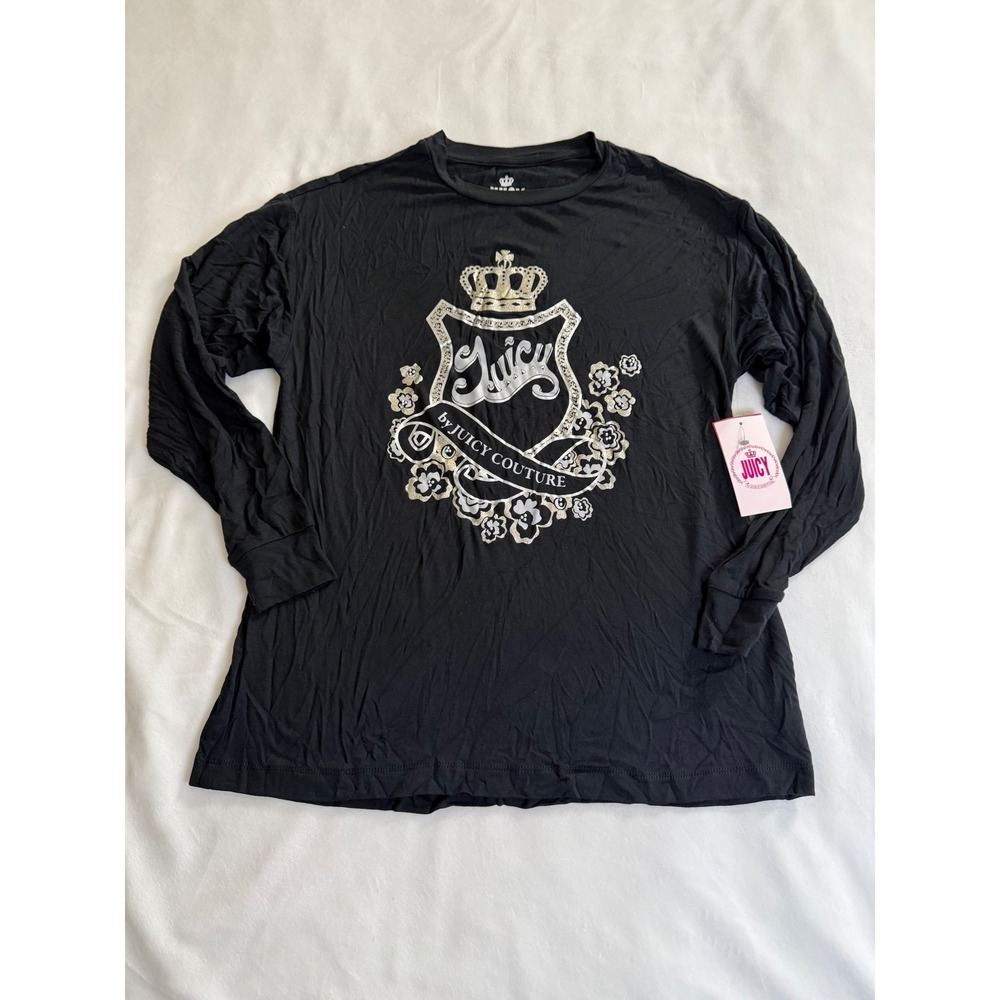 Juicy Couture Womens Long Sleeve Graphic Tee Liquorice Black Crest Logo XS NEW